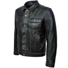Men TRUCKER Jacket Classic Black 100% REAL Cowhide Leather Classic Style 1280
