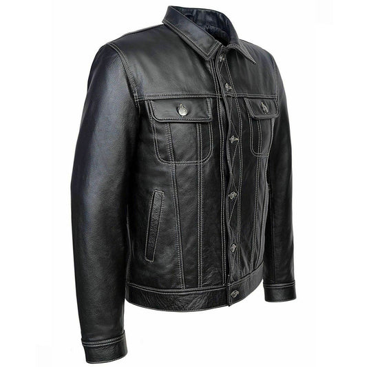 Chaqueta TRUCKER para hombre, clásica, negra, 100% piel de vaca REAL, estilo clásico 1280
