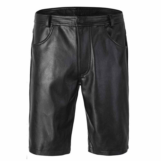 Front view of men's black genuine leather Bermuda shorts featuring 5-pocket jeans styling, metallic waist button, and YKK zip fly.
