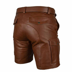 Men’s 100% Genuine Brown Leather Cargo Shorts with Matching Belt & 6 Pockets