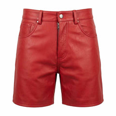 Front view of men's short red genuine leather hot shorts featuring 5-pocket layout, coin pocket, metallic button waist, and zip fly.