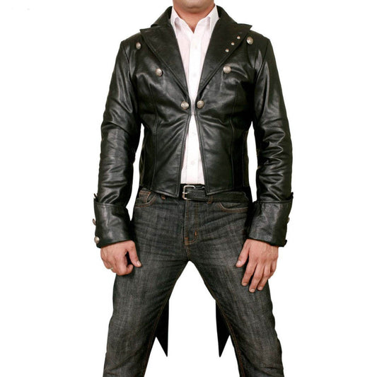 Hombres 100% CUERO REAL Negro FRAC Steampunk Chaqueta Vestido de mañana Abrigo GOTH
