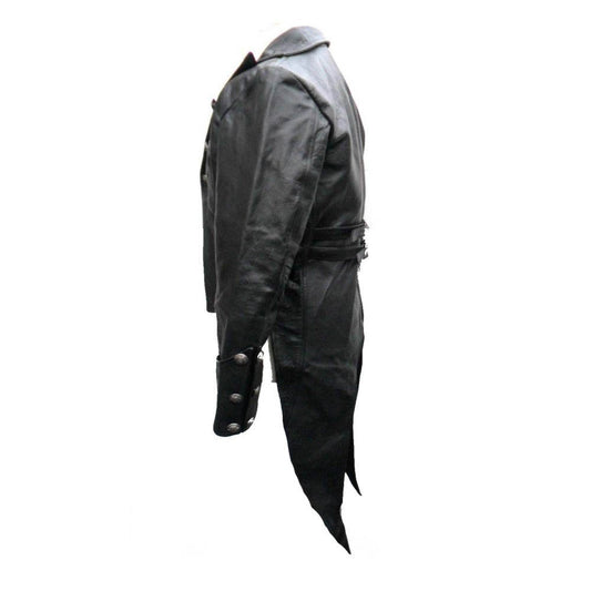 Hombres 100% CUERO REAL Negro FRAC Steampunk Chaqueta Vestido de mañana Abrigo GOTH