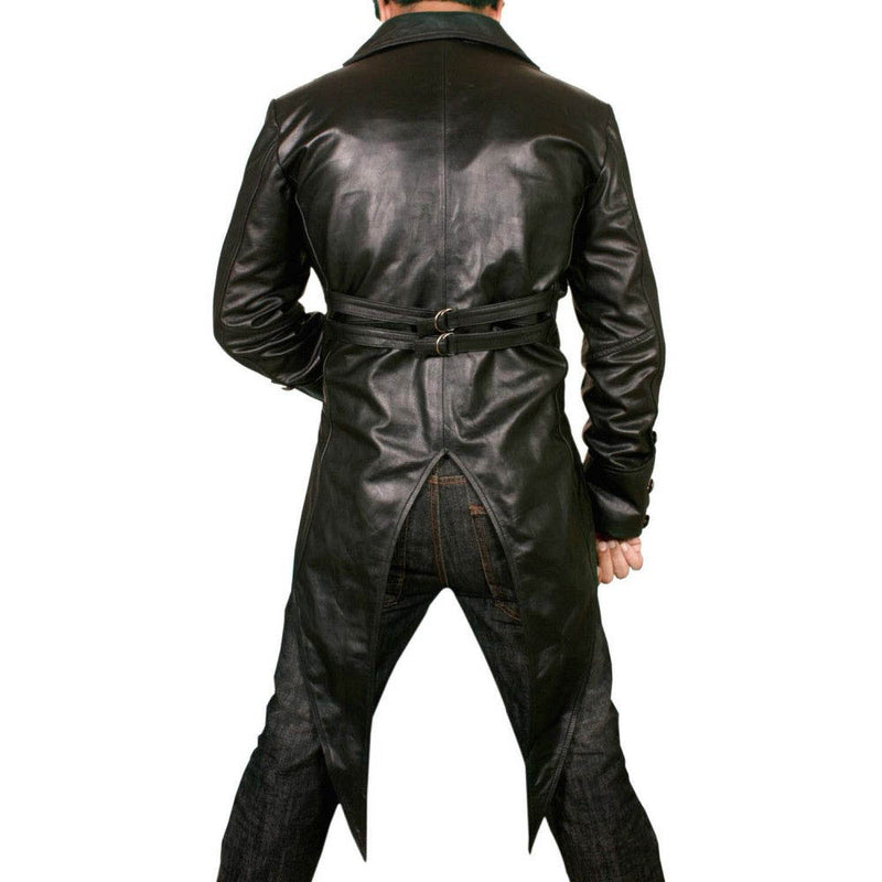 Hombres 100% CUERO REAL Negro FRAC Steampunk Chaqueta Vestido de mañana Abrigo GOTH