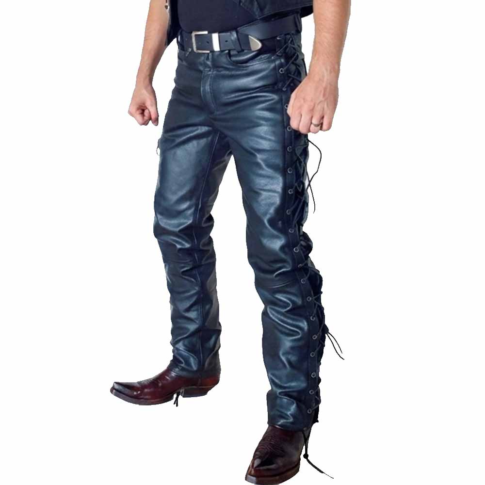 Angled front view of men's black side-lace leather trousers showing full-length leg grommets