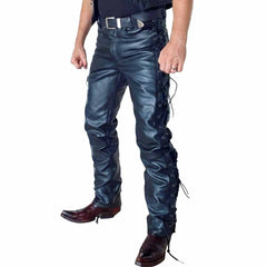 Angled front view of men's black side-lace leather trousers showing full-length leg grommets