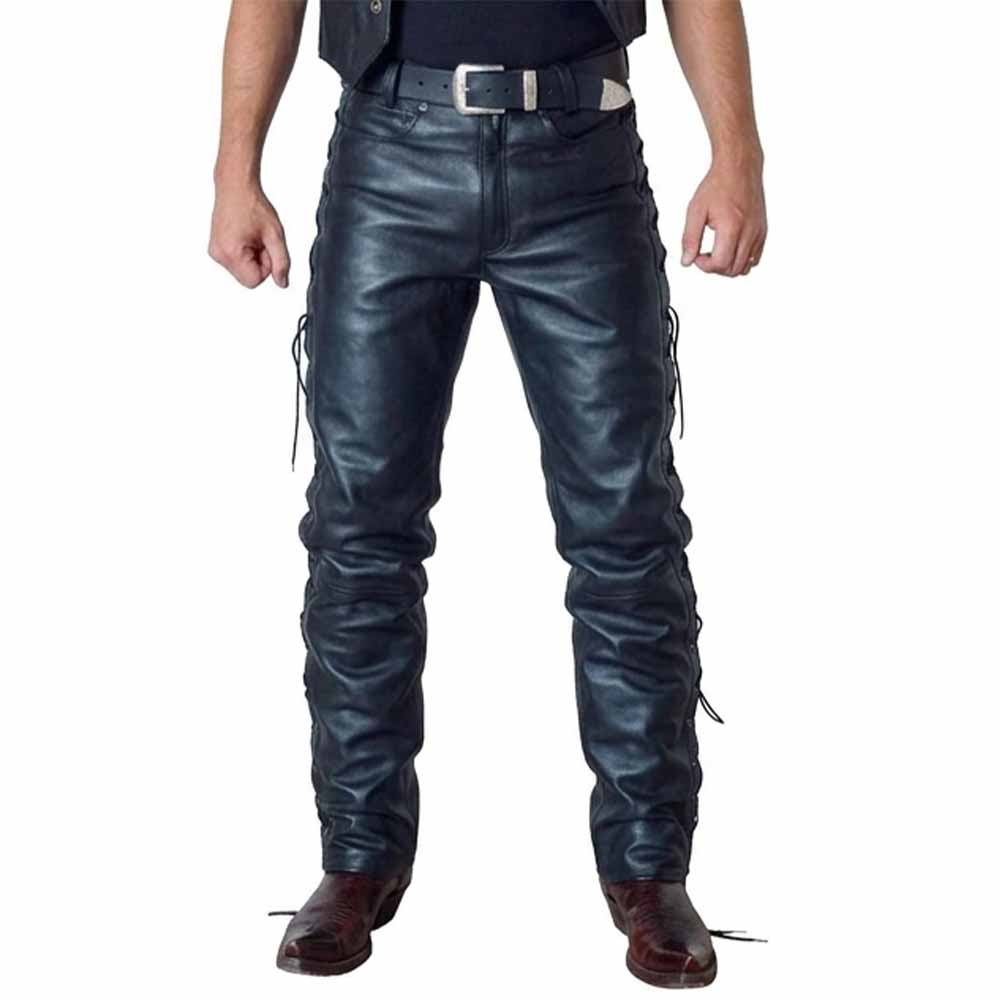 Full front view of men's slim fit black cowhide leather pants with waist belt and side lacing