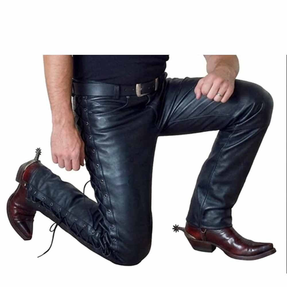 Kneeling view showing flexible fit of men's side-laced real leather BLUF pants