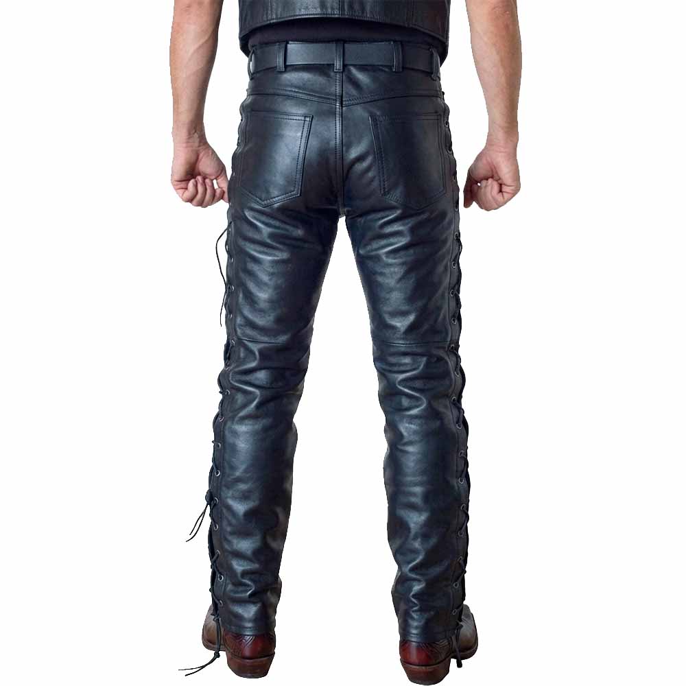 Back view of men's black leather jeans displaying rear patch pockets and side grommet detail