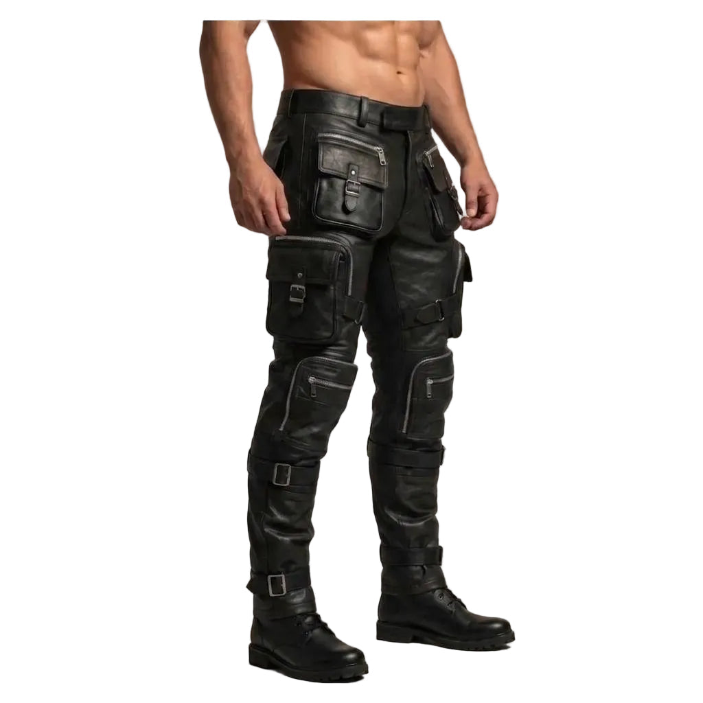 A man wearing black leather cargo pants with multiple flap pockets and black leather knee-high boots, shown from the chest down against a plain beige studio background. A Leather Mania logo is visible in the top-left corner.