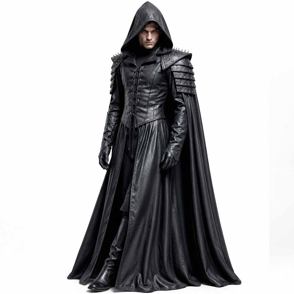 Three-quarter view showcasing the floor-length drape, deep hood, and fitted leather structure of the gothic medieval cloak.