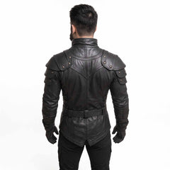Back three quarter studio shot of mens black leather gothic warrior jacket showing double pointed lower hem and segmented shoulder guards