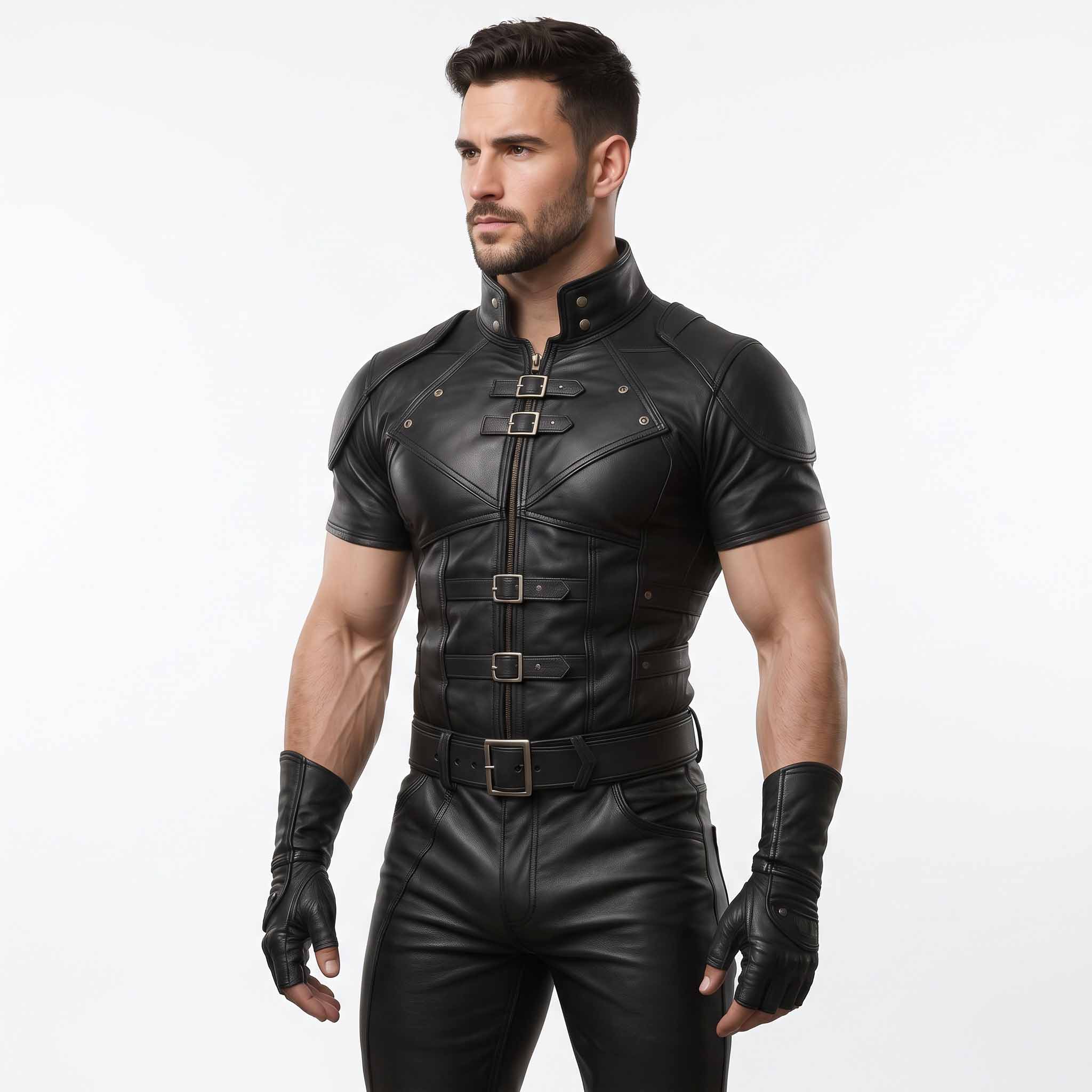Side profile view of man wearing tailored black leather tactical armor top highlighting padded cap sleeves, high collar, and form fitting torso cut