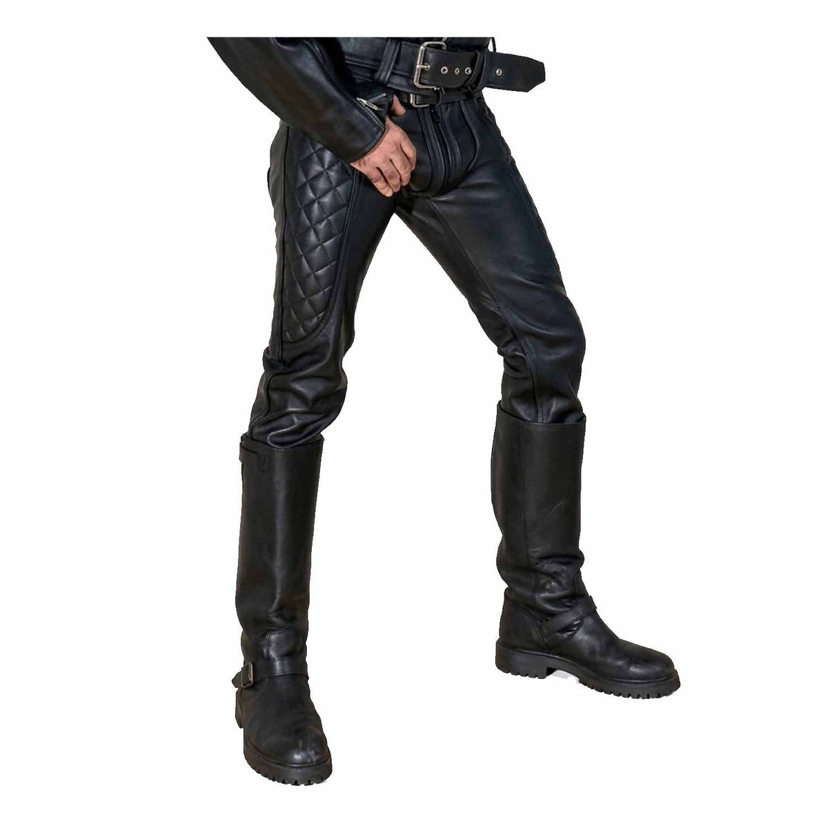 Front three-quarter view of man wearing black cowhide leather biker saddle pants with diamond quilted thigh padding tucked into tall riding boots.