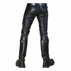 Rear view of men's black leather BLUF breeches showing the continuous back zipper, saddle seat overlay, and zippered pockets.