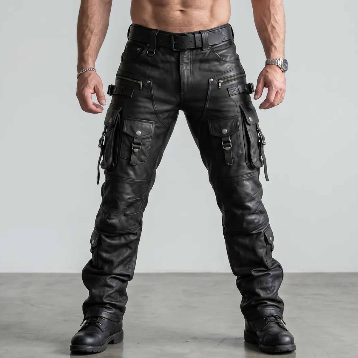 Full length front view of muscular man wearing handmade black leather cargo pants with tactical buckle straps and combat boots