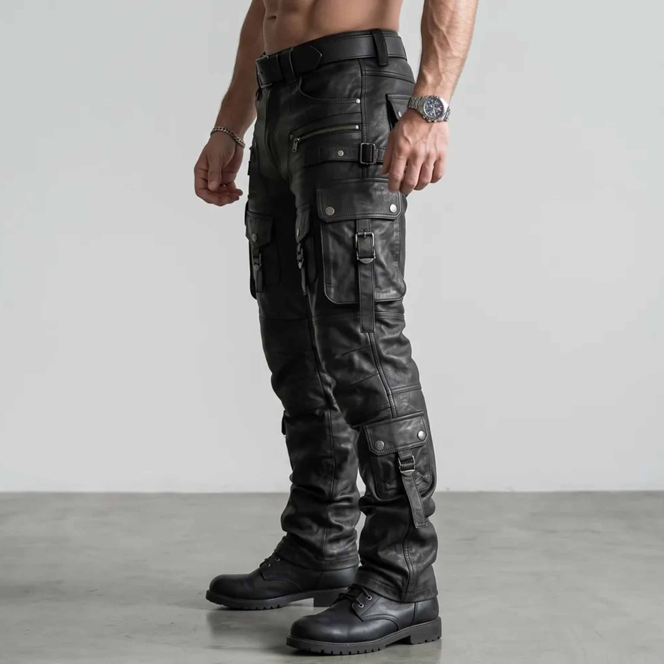 Side profile angle of black leather cargo pants detailing multi-tiered leg flap pockets metal buckles and boot stack hem