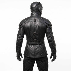 Back view of mens black leather steampunk warrior coat displaying shoulder pauldrons, back harness strap, and triple lumbar cinch buckles