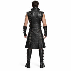 Rear view of the men's black leather warrior costume highlighting the tailored back vest panel, pleated kilt construction, draped waist chains, and buckled arm guards.