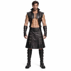Front full-body view of a muscular man wearing a handmade black leather gladiator costume set featuring an open lace-up vest, buckled utility kilt with chains, and forearm bracers.