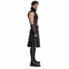 Side profile view of the black cowhide leather gladiator armor set showcasing the side-buckle kilt fastenings, high collar vest, and strapped arm bracers.