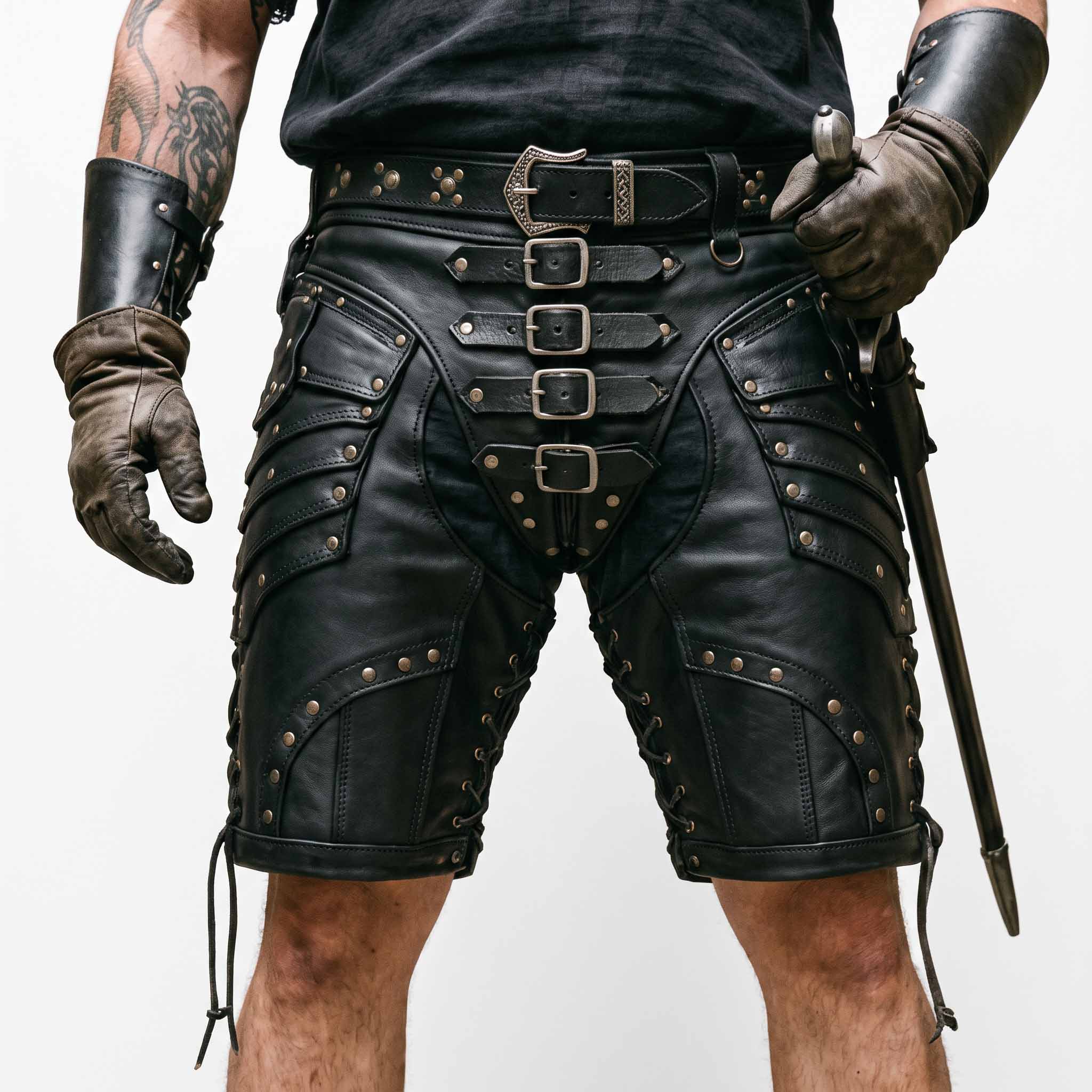 Front close up view of man wearing handmade black cowhide leather gladiator shorts featuring four front roller buckles and studded hip armor plates