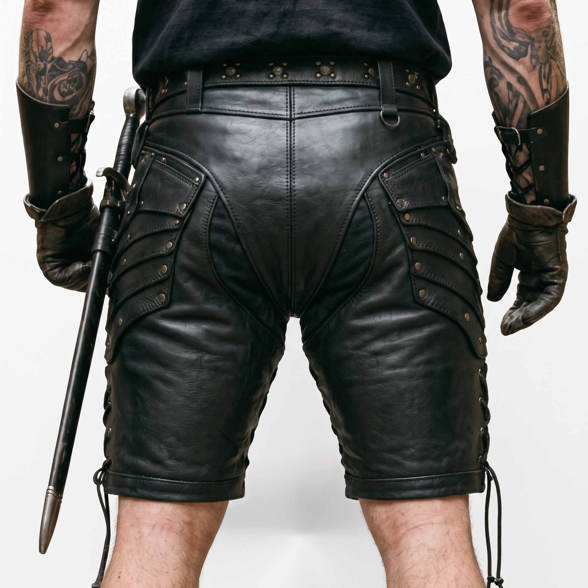 Back close up view of mens black leather warrior shorts displaying reinforced saddle seat seams, tiered hip plates, and side cord lacing