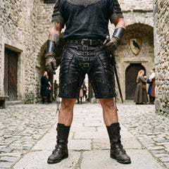 Full length front shot of warrior in black leather gladiator armor shorts, chainmail shirt, and tall buckled boots standing in medieval stone courtyard