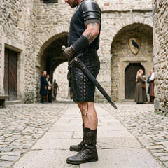 Side profile view of warrior holding sword scabbard showing tiered hip armor lames and outer thigh eyelet lacing on black leather shorts