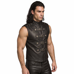 Front three quarter perspective of man modeling black leather steampunk waistcoat showing front zipper placket and studded shoulder straps