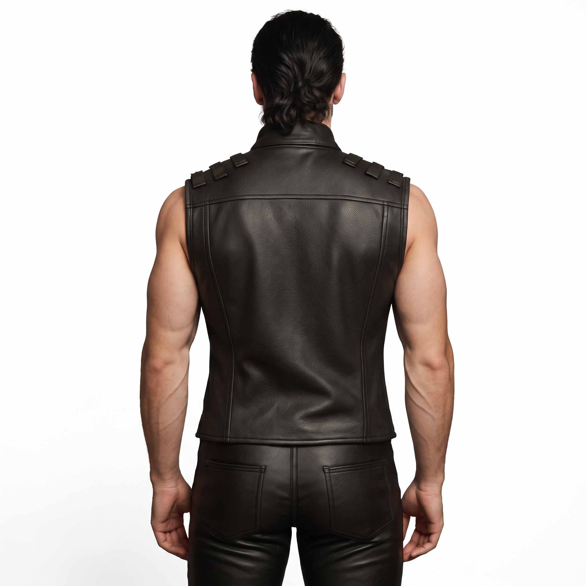 Back view of man wearing black genuine leather gothic waistcoat displaying studded shoulder tabs, clean horizontal yoke, and vertical spine seams