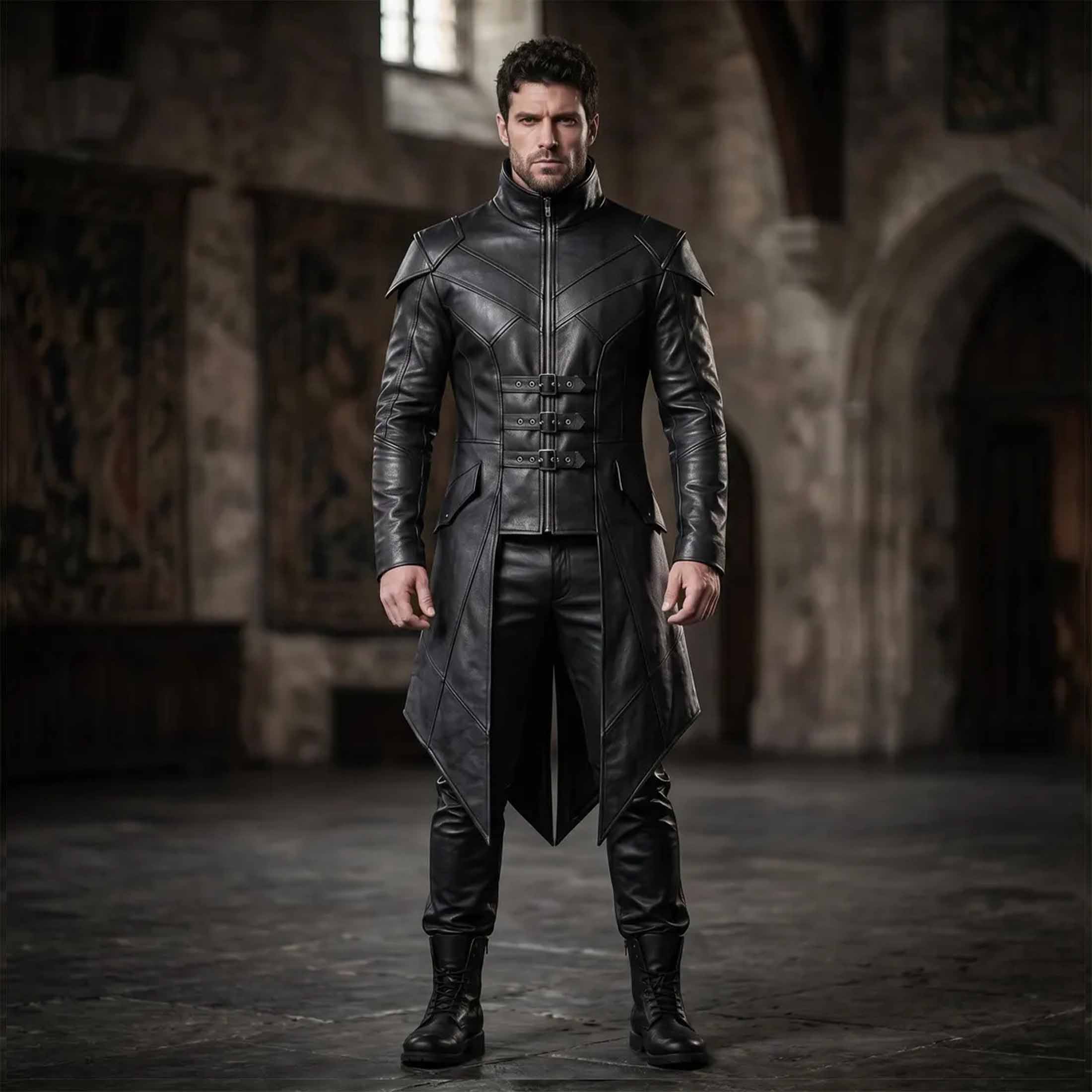 Full length front view of man wearing handmade black leather gothic long coat and pants set with high collar and buckle straps in stone hall