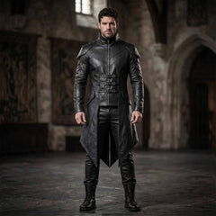 Full length front view of man wearing handmade black leather gothic long coat and pants set with high collar and buckle straps in stone hall
