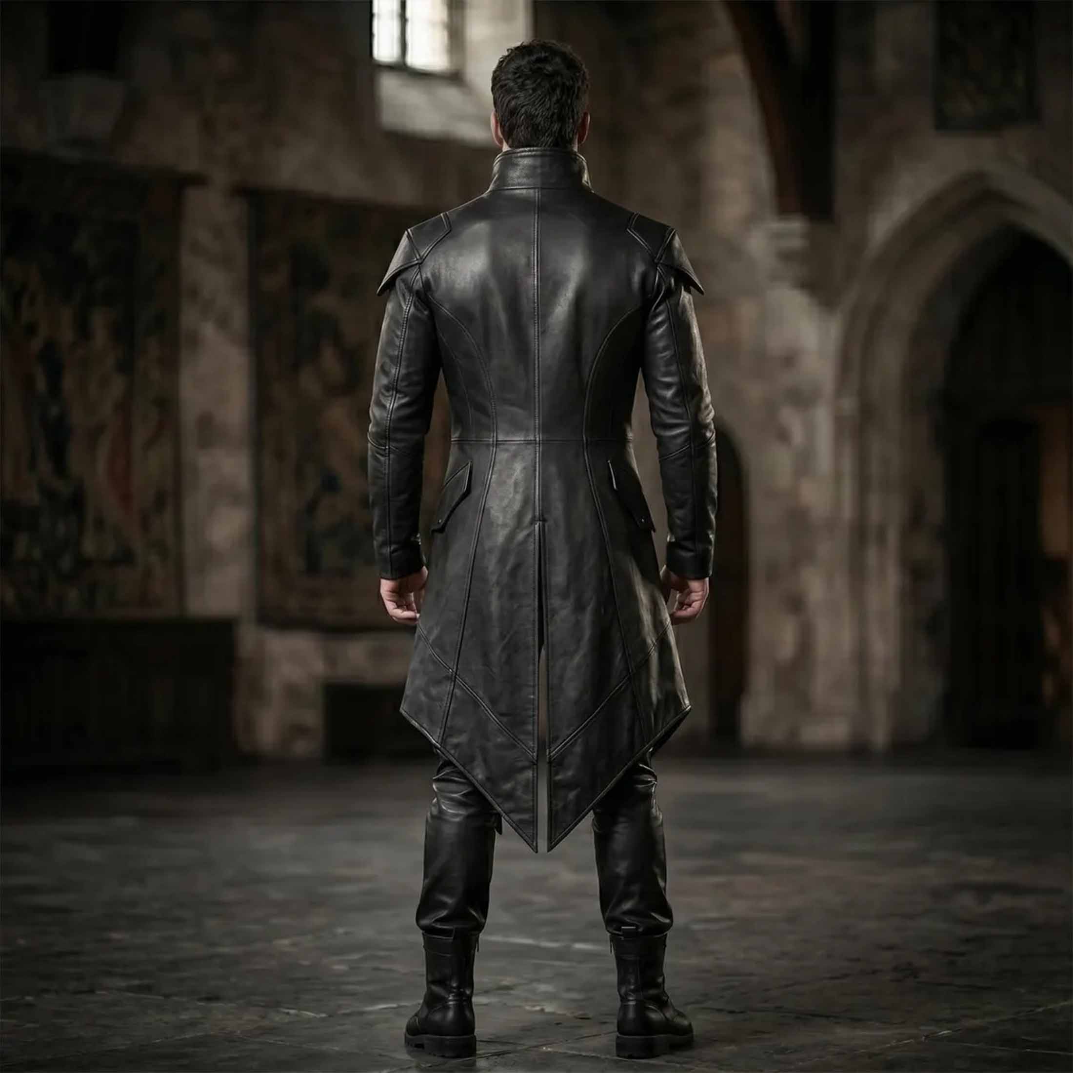 Rear full body view of black leather vampire tailcoat showing contoured vertical seam panels and dramatic pointed split tails