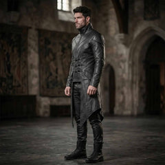 Side profile angle of men black leather steampunk warrior coat displaying layered shoulder guards and long split duster hemline