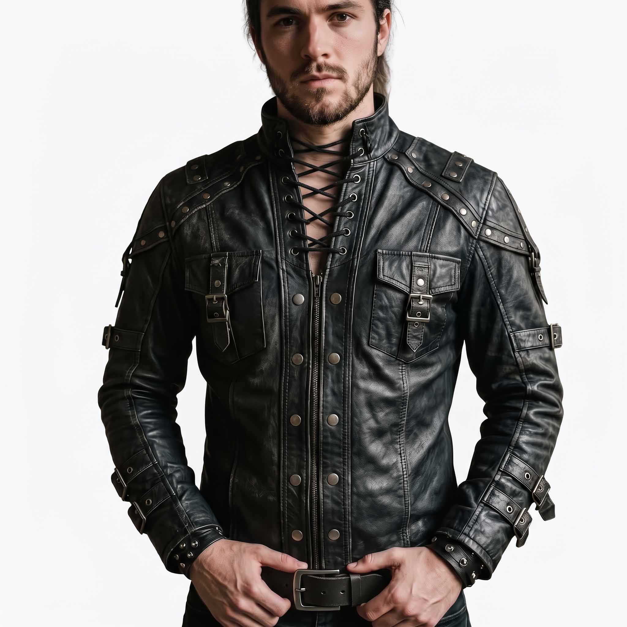 Front view of handsome man wearing handmade black leather gothic shirt jacket featuring lace up neck collar, front zipper placket with metal dome rivets, and buckled chest pockets