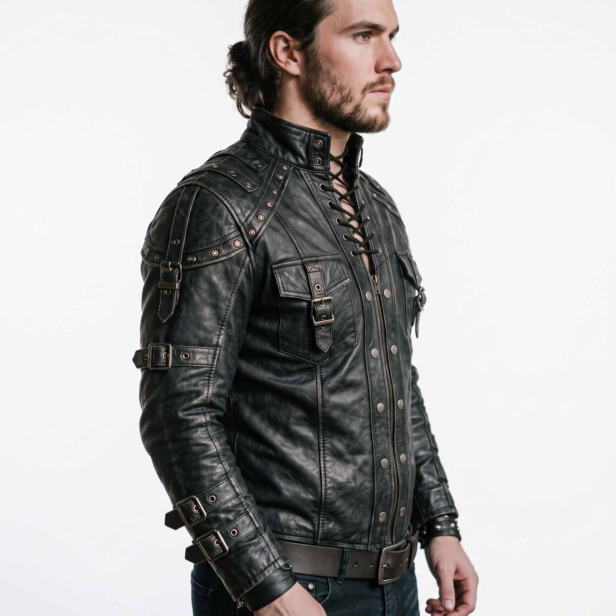Side profile angle of man modeling black cowhide leather steampunk doublet showing studded shoulder harness bands and multi buckle sleeve straps