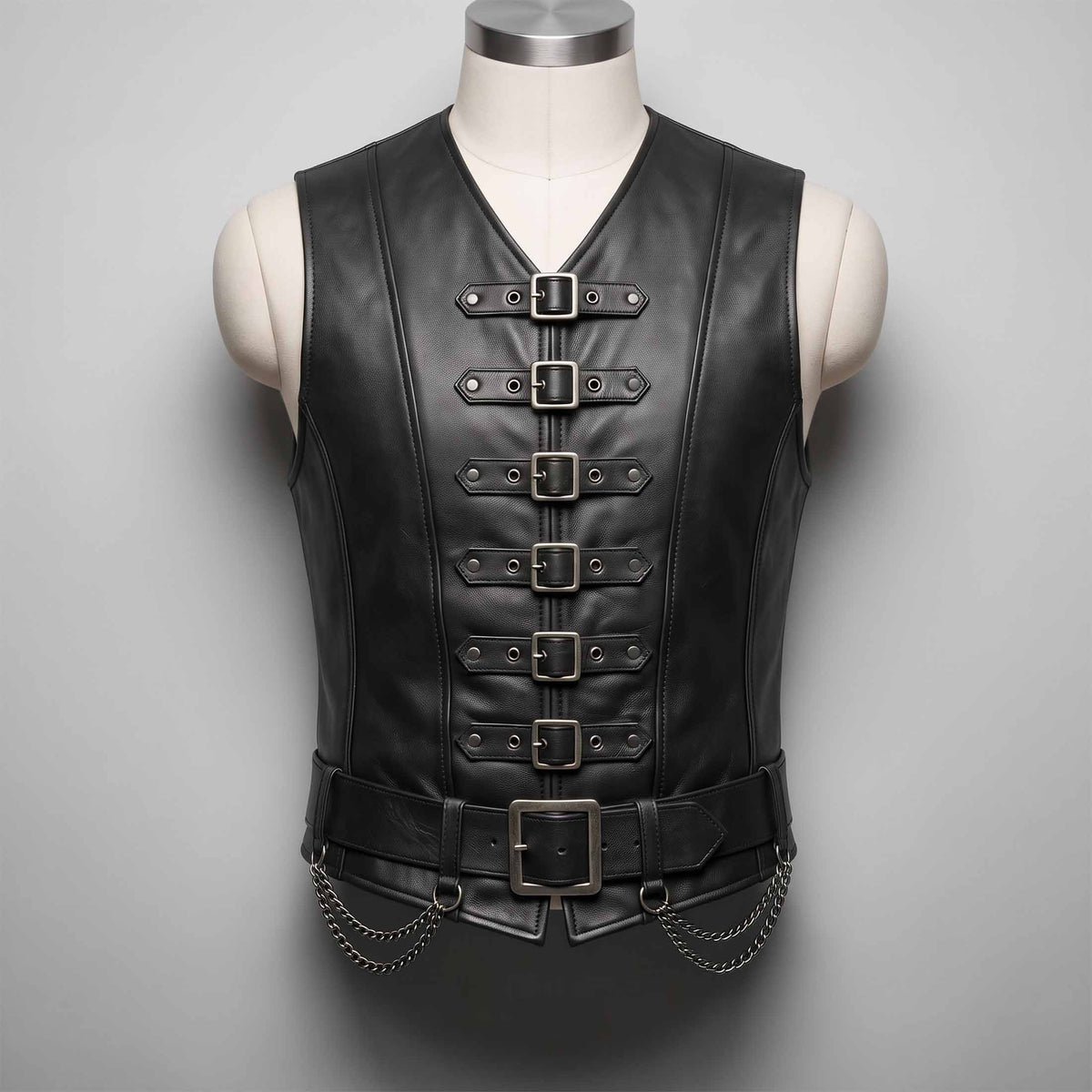 Front view of handmade men's black leather gothic steampunk vest featuring six front buckles, wide waist belt, and hanging metal chains on a tailor mannequin.