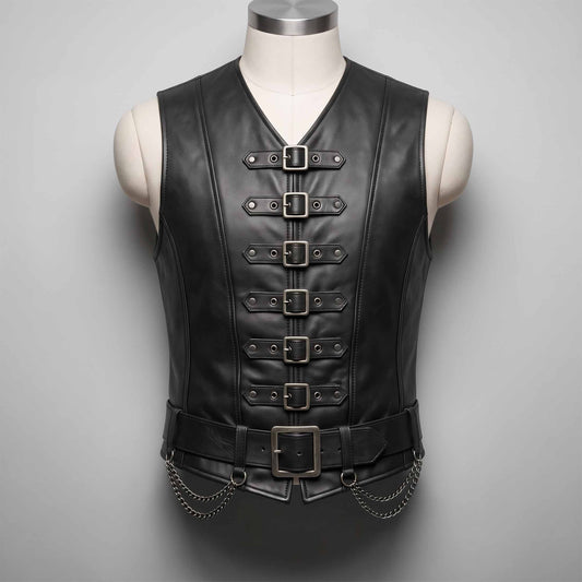 Front view of handmade men's black leather gothic steampunk vest featuring six front buckles, wide waist belt, and hanging metal chains on a tailor mannequin.