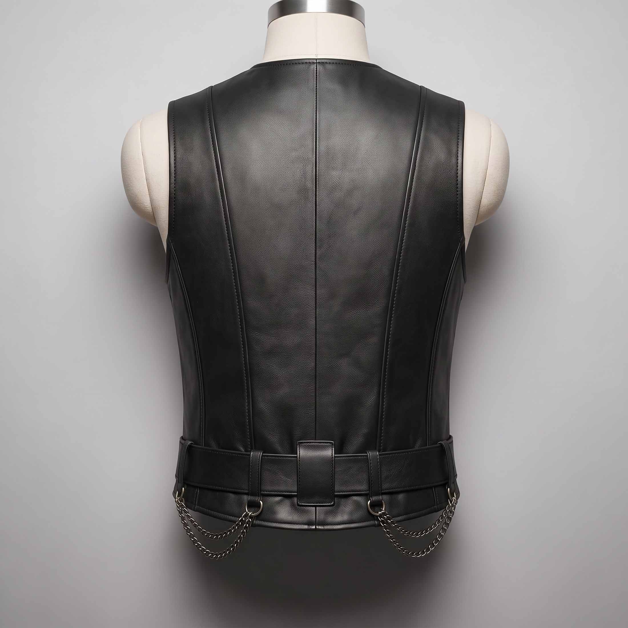 Back view of tailored men's black leather gothic waistcoat showing vertical panel stitching, wide belt loops, and draped curb chains.