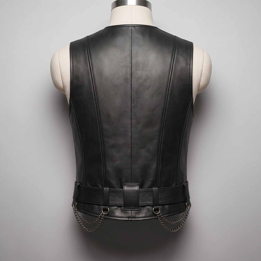 Back view of tailored men's black leather gothic waistcoat showing vertical panel stitching, wide belt loops, and draped curb chains.