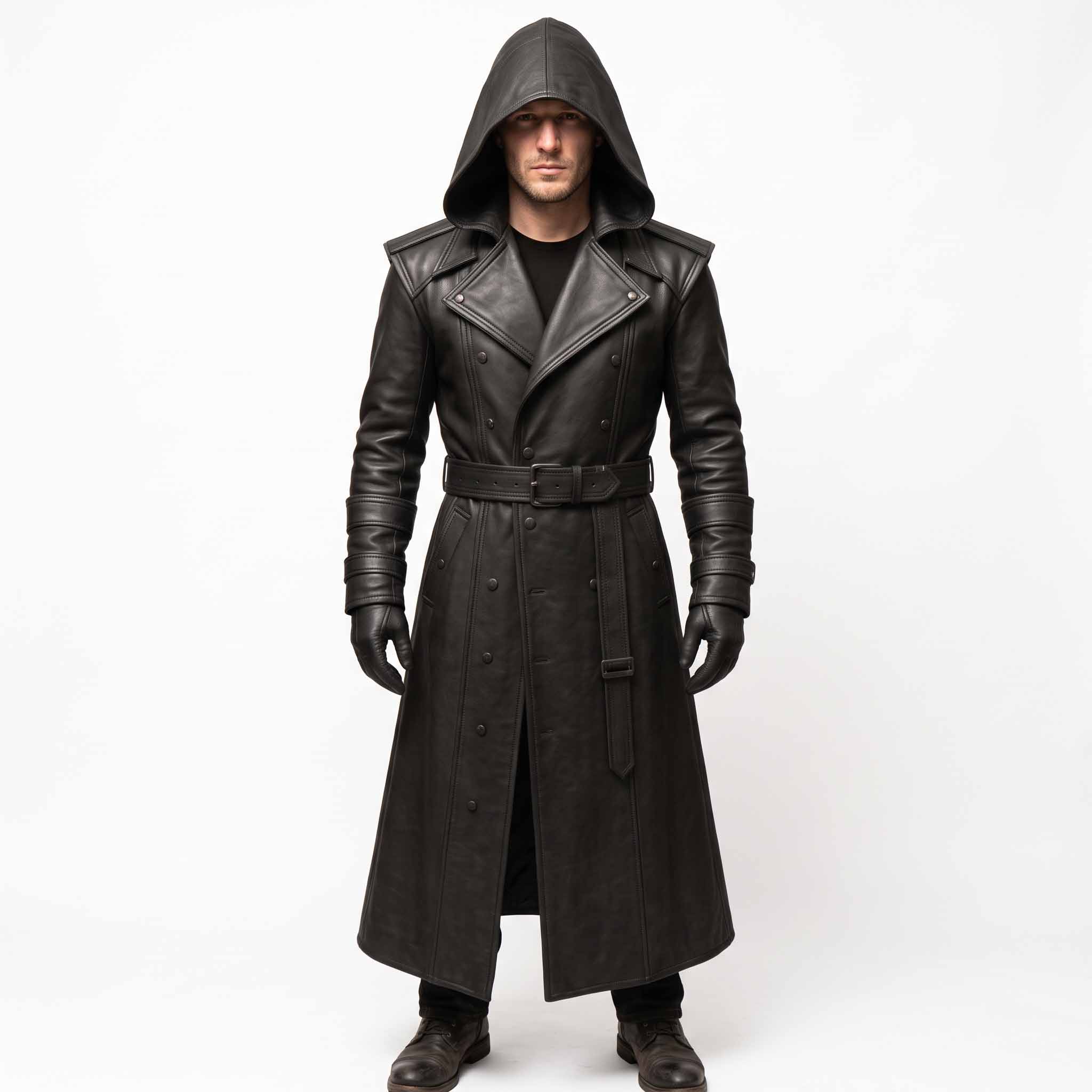 Full front view of man wearing handmade black cowhide leather hooded trench coat with double breasted lapel, waist belt, and leather gloves