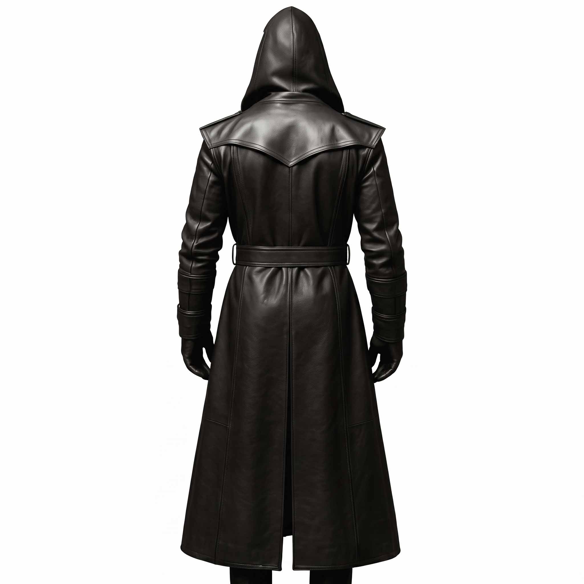Direct back view of black genuine leather hooded duster coat showing geometric pointed storm flap yoke, waist belt, and tall center walking vent