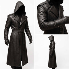 Three panel studio compilation showing front view, sleeve cuff close up, and side profile of black leather cyberpunk hooded duster coat