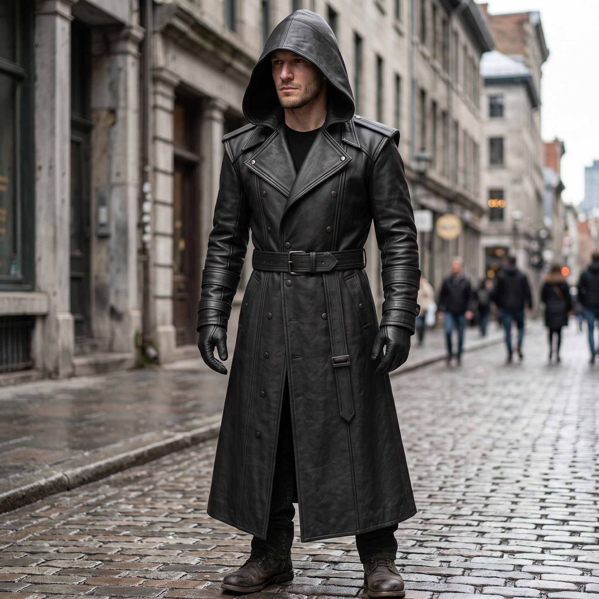 Full length street style portrait of man walking on cobblestone urban road wearing black leather hooded duster coat and dark boots