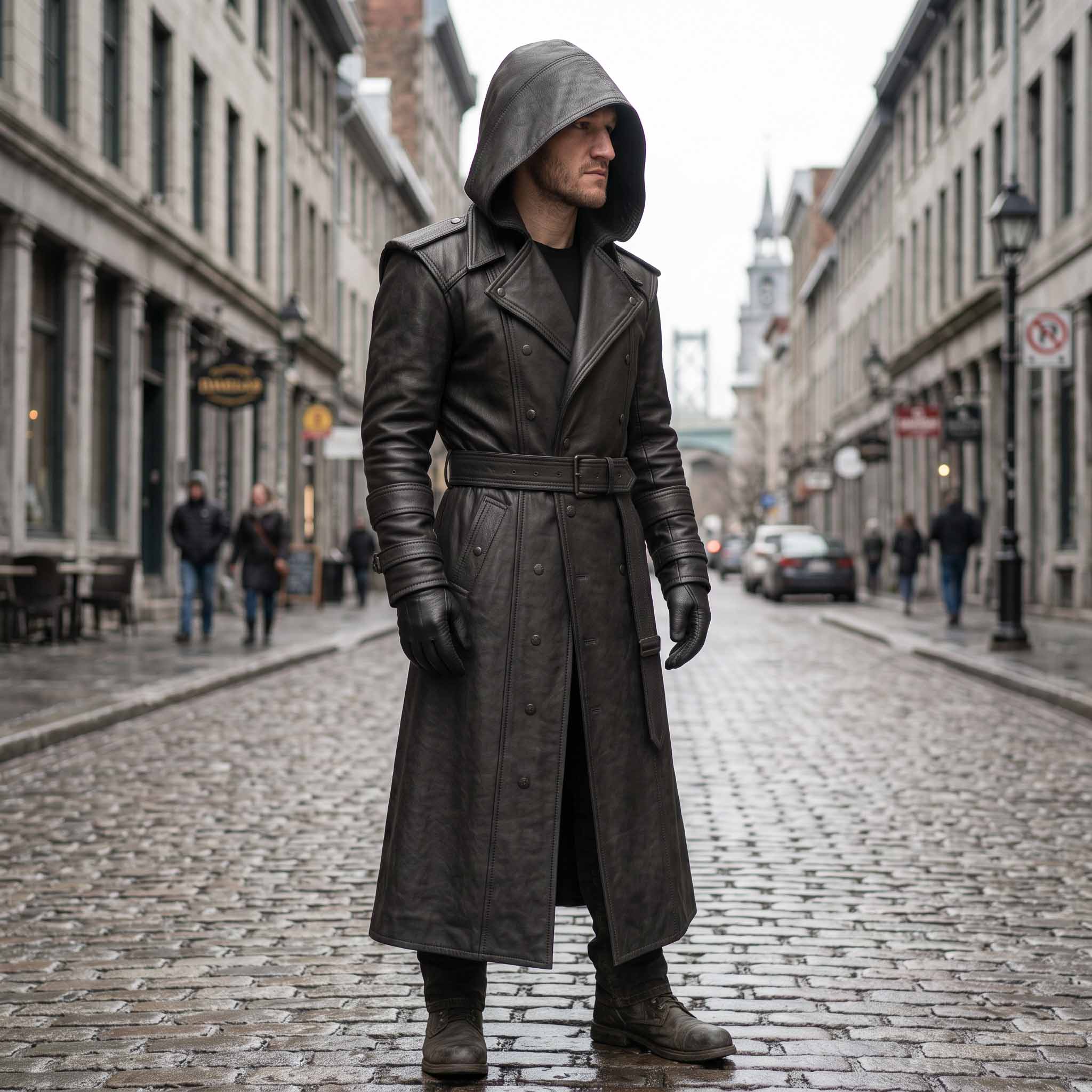 Low angle full body shot of man wearing belted black cowhide leather duster walking confidently down old town stone alley