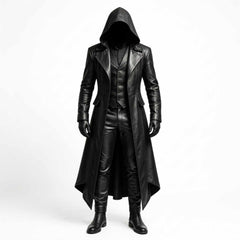 Men's Black Cowhide Leather Hooded Trench Coat | Gothic Long Winter Duster