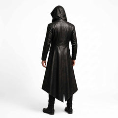 Men's Black Cowhide Leather Hooded Trench Coat | Gothic Long Winter Duster