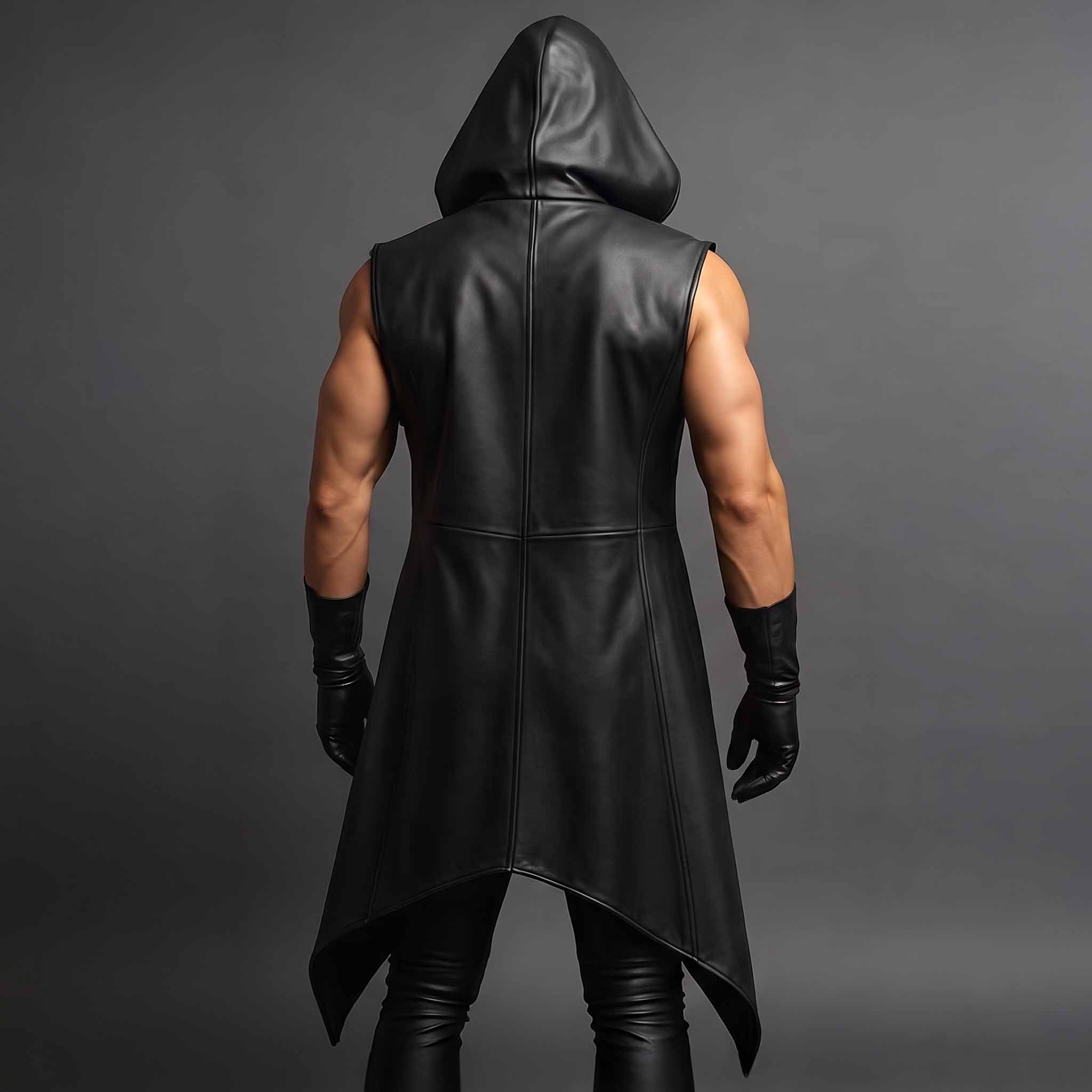 Back view of man modeling sleeveless black leather trench coat showing deep cowl hood, tailored vertical spine seams, and split tail hem