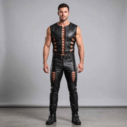 Front view of men's black leather lace-up vest and matching cutout leather pants set on model